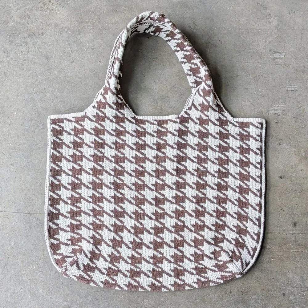 Anthropologie Printed Knit Tote Bag Brown Knit Houndstooth